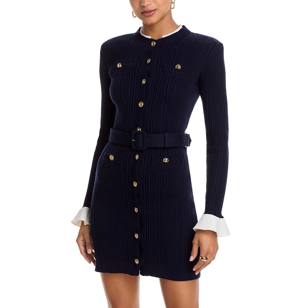 NWT Self Portrait Navy Knit Mini Dress size XS Button Up Old Money Aesthetic